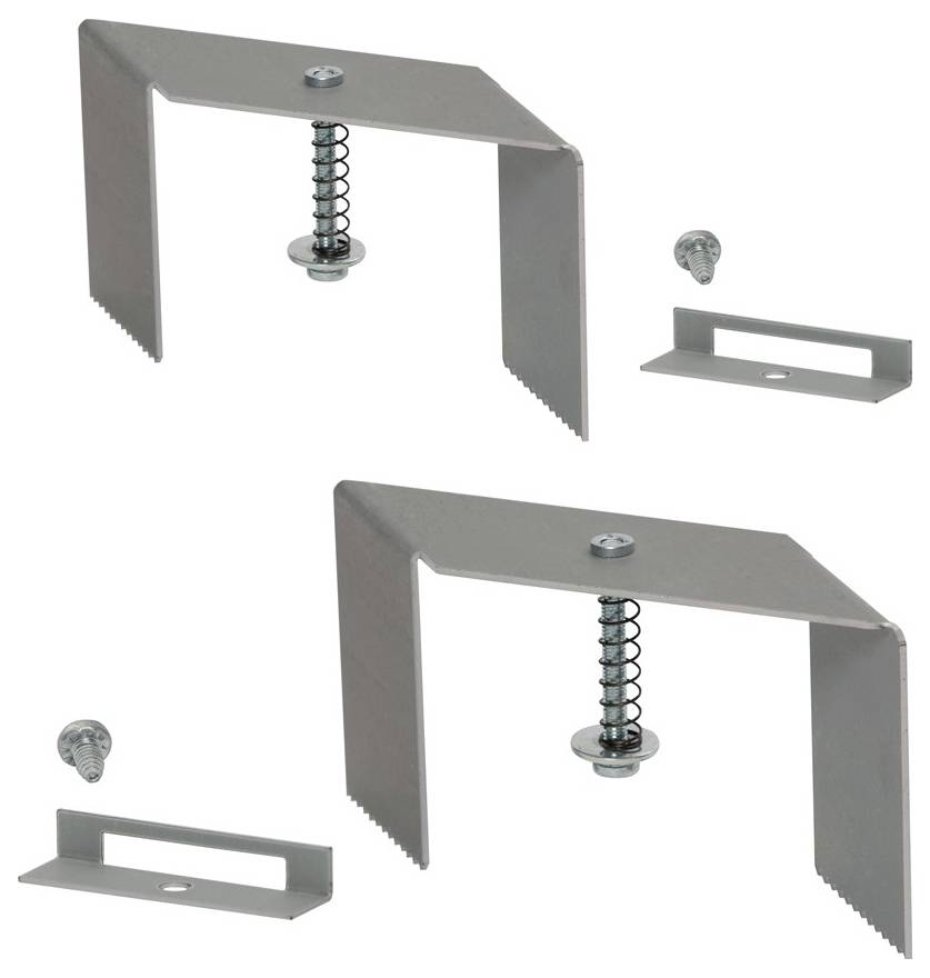 Edelstahlclips mit Schrauben zur Montage, mit Federmechanismus für einstellbare Spannung. Geeignet für sichere Installationen.