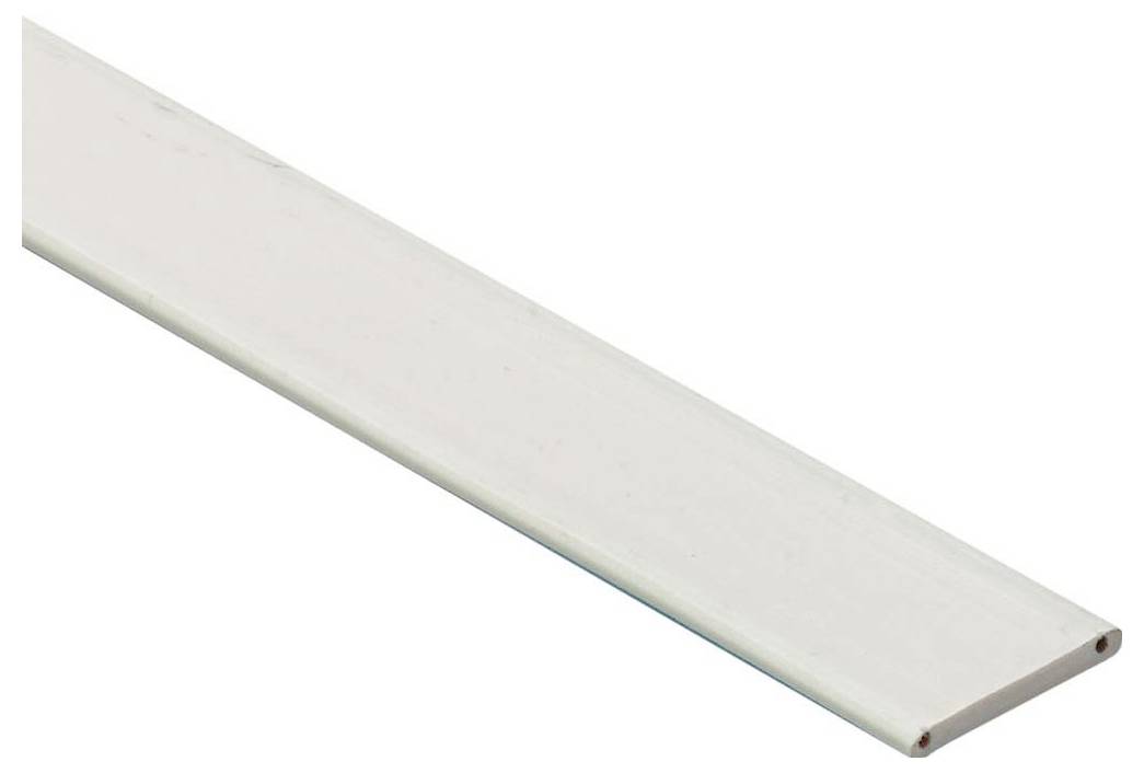 Eine Nahaufnahme einer langen, schmalen flachen Metallstange mit einer glatten Oberfläche, die diagonal auf weißem Hintergrund angewinkelt ist.