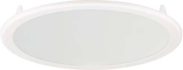 Eine flache, runde Deckenleuchte mit mattweißer Abdeckung und dünnem, weißem Rand, entworfen für die Verwendung im Innenbereich.