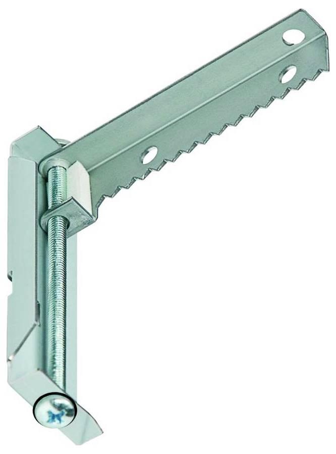 Eine verstellbare Metallhalterung mit gezahntem Rand und einer Schraube zum Montieren oder Befestigen von Objekten.