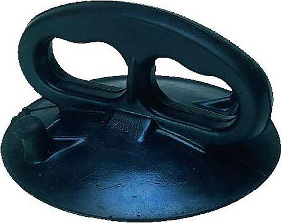 Ein schwarzes Kunststoff-Saugnapfwerkzeug mit zwei Griffen, das typischerweise zum Heben und Handhaben von Glas oder glatten Oberflächen bei Reparatur- oder Installationsarbeiten verwendet wird.