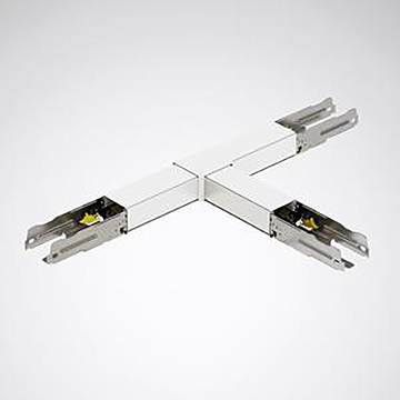 Spurlicht-Verbinder in X-Form mit Metallfinish zum Verbinden und Stromversorgung von vier linearen Lichtschienen in Deckensystemen.