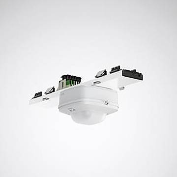 Übersichtsaufnahme eines weißen deckenmontiertem Sensors mit angeschlossenen Kabeln, der zur Überwachung oder Monitoring in Innenräumen verwendet wird.