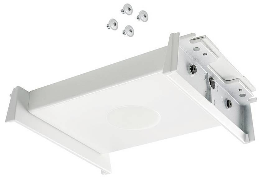 Bild einer weißen Deckenmontagehalterung mit kreisförmiger Mitte, die für Sicherheitskameras oder kleine Geräte verwendet wird. Vier Schrauben sind oben enthalten.