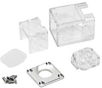 Eine klare Kunststoff-Kabelorganisationsbox mit einer Metallplatte, Schrauben und zusätzlichen transparenten und weißen Komponenten, die darum herum angeordnet sind.