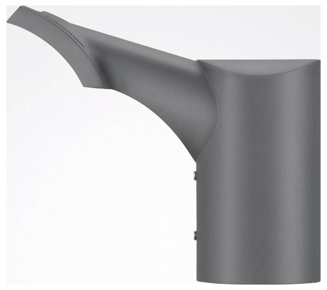 Ein modernes, elegantes, dunkelgraues schnabelähnliches Objekt mit geschwungenem Design, montiert auf einer zylindrischen Basis, vor einem schlichten weißen Hintergrund.