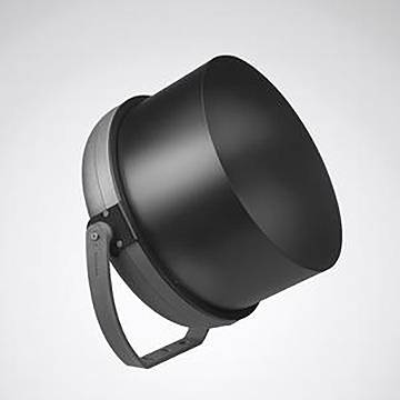 Ein schwarzer Industrie-Flutlichtstrahler mit verstellbarer Halterung, leicht nach oben geneigt, vor grauem Hintergrund.