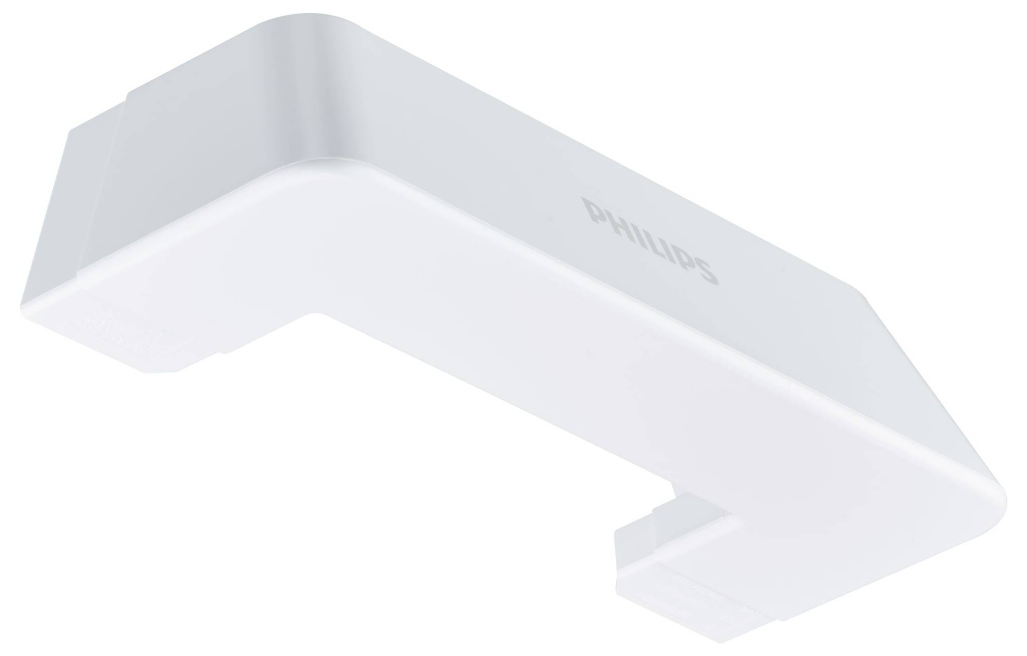 Ein elegantes, weißes Philips-Elektronikgerät mit minimalistische Design, aus einer schrägen Perspektive gezeigt.