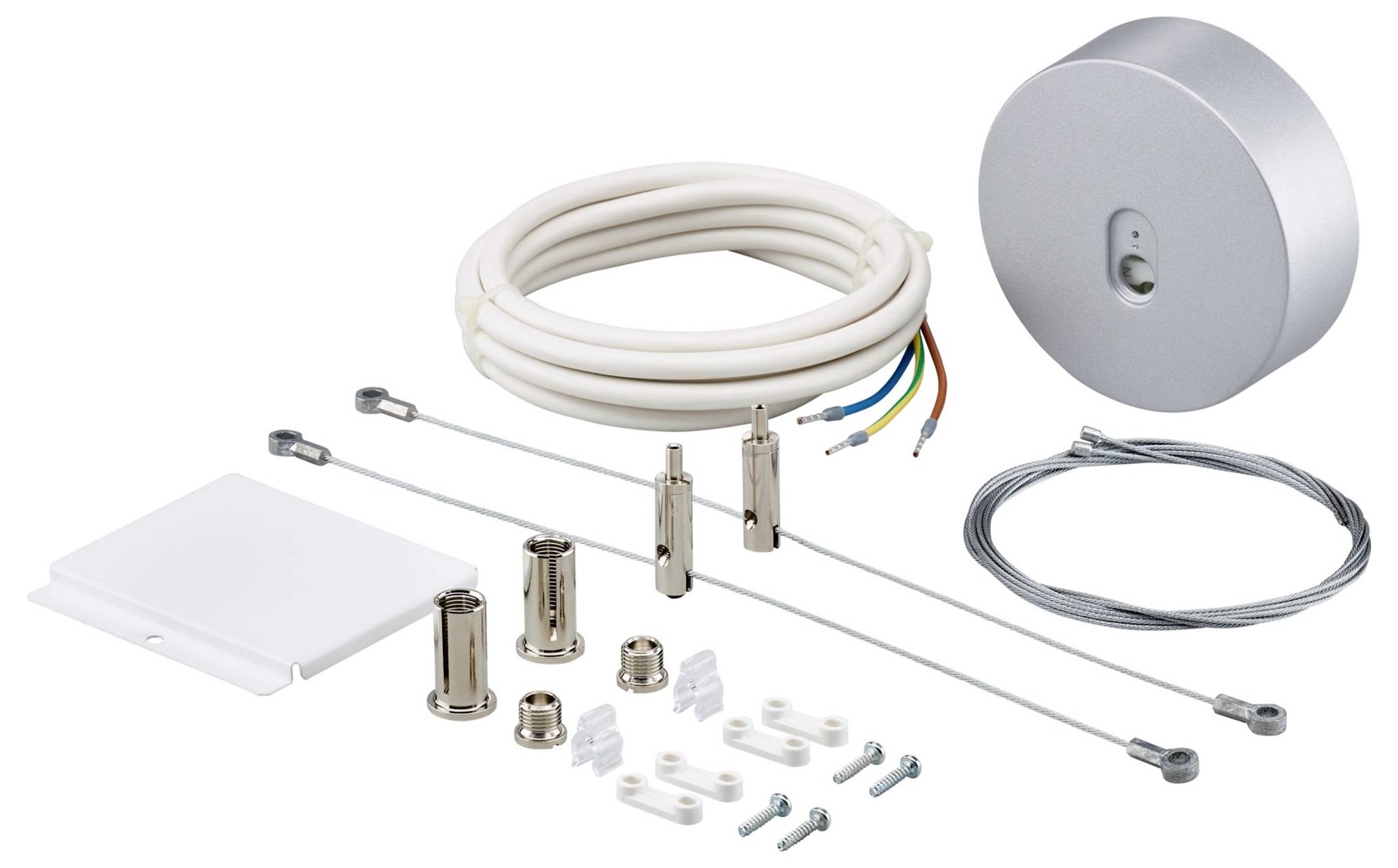 Deckenabhängungs-Set mit verstellbaren Kabeln, Verbindungselementen und Befestigungshardware-Komponenten für hängende Displays oder Beleuchtungsinstallationen.