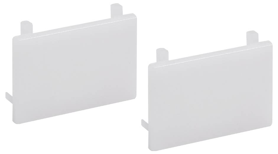 Zwei rechteckige, durchscheinende Endkappen mit kleinen Laschen an den oberen und unteren Kanten, wahrscheinlich zur Abdeckung von elektrischen oder mechanischen Komponenten.