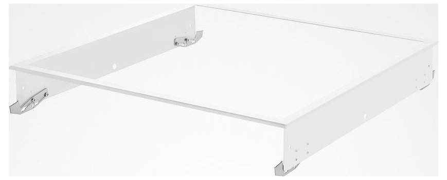 Ein weißes Metallablage mit kleinen Seitenklemmen, wahrscheinlich ein Schubladenkomponent oder Stützstruktur.