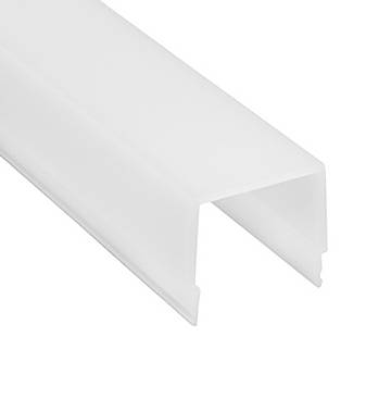 Ein weißer, U-förmiger Kunststoffkanal zur Kabelführung, der eine Seitenansicht mit offener Oberseite und flacher Basis zeigt.