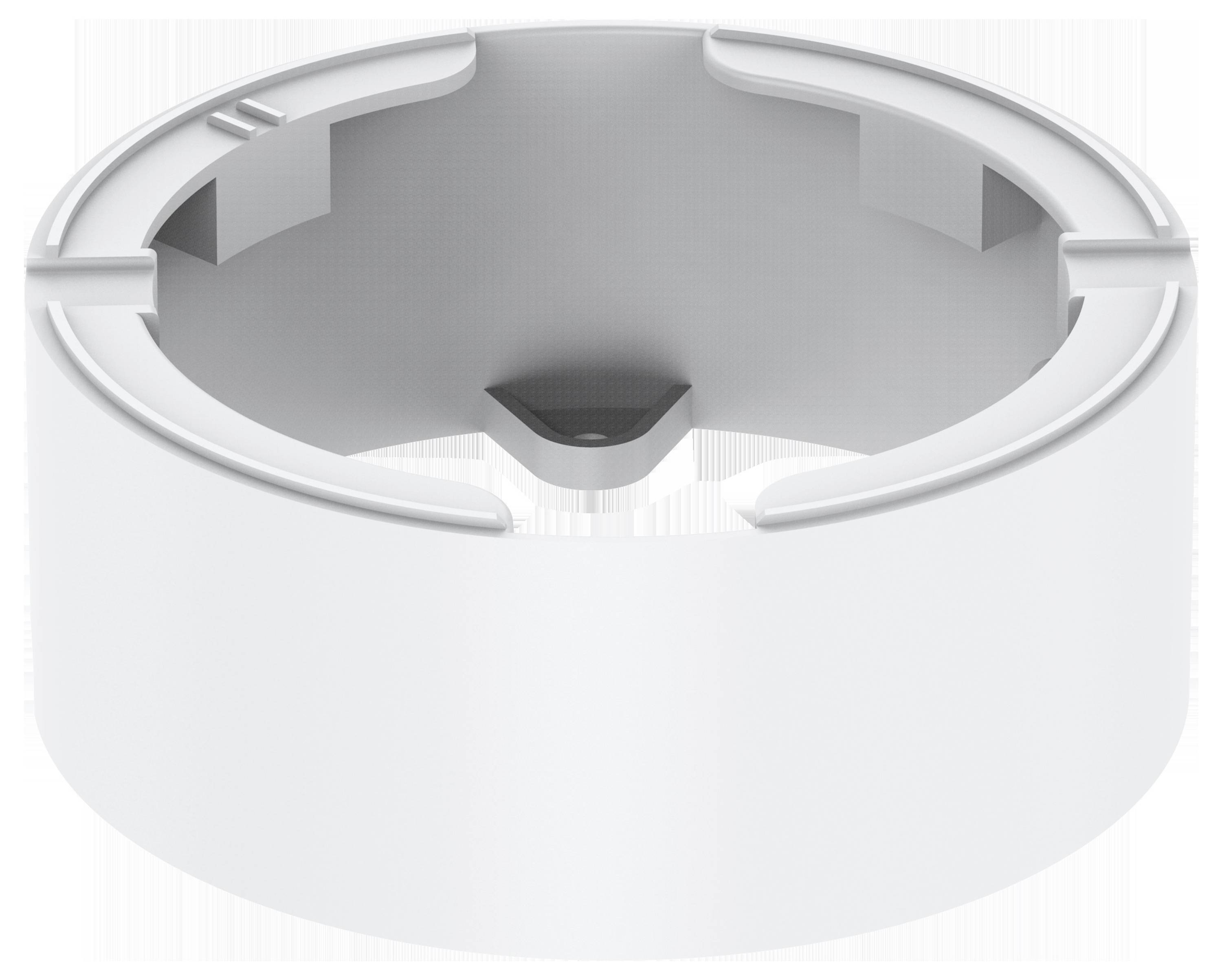 Eine weiße, runde Deckenbefestigungshalterung zur Sicherung eines Geräts mit hohler Mitte und mehreren Schlitzen am Rand zur Befestigung.