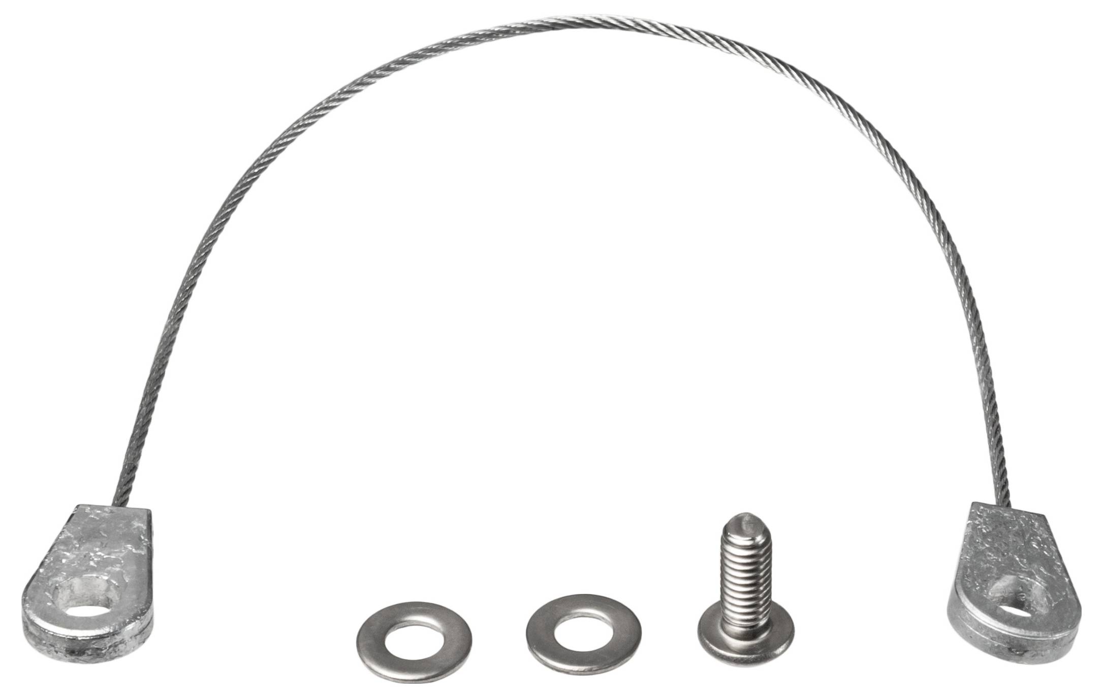 Eine Metallkabelschleife aus Draht mit zwei Enden, einem Bolzen und zwei Unterlegscheiben, wahrscheinlich Komponenten für mechanische oder Montagezwecke.