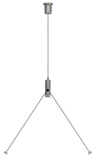 Ein an der Decke montiertes Kabelaufhängesystem mit einem zentralen Kabel, das zwei diagonale Stangen stützt und zur Aufhängung von leichten Objekten verwendet wird.