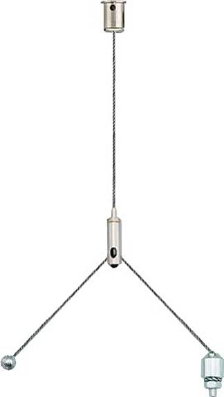 Ein Bild eines Metallaufhängungskabelsystems mit zwei Drähten, die nach unten verlaufen und zur Unterstützung von Strukturen wie Regalen oder Schildern verwendet werden.