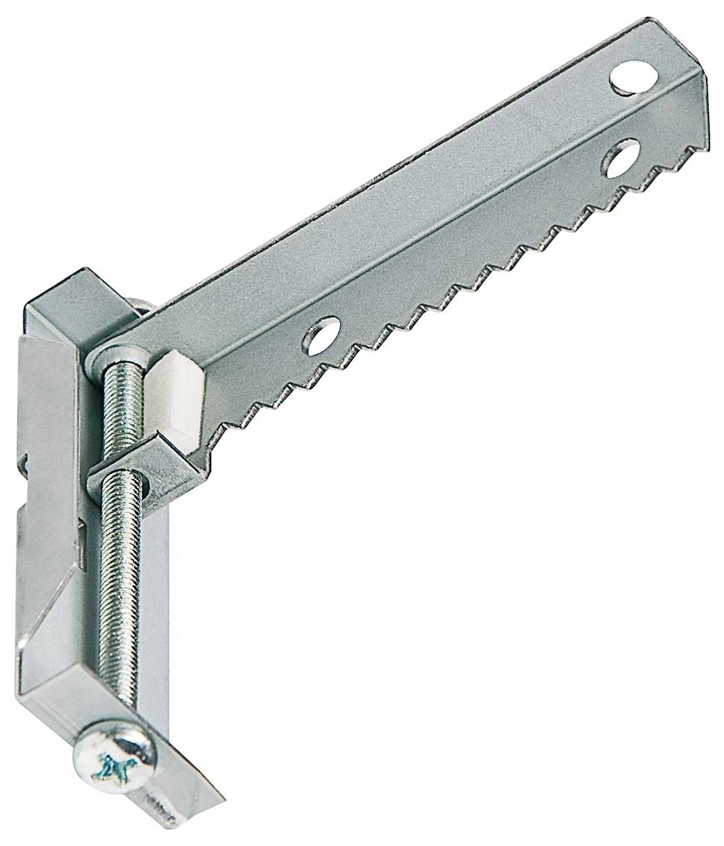 Eine verstellbare Metallregalstützklammer mit gezahntem Arm und Scharnier zur Winkelverstellung.