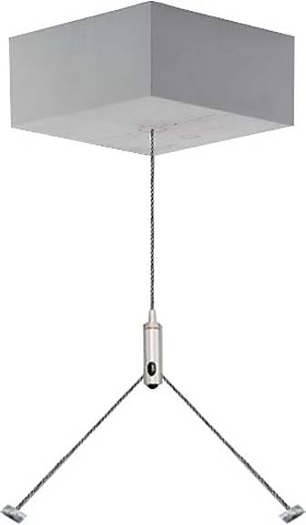 Silbergraue Deckenaufhängungsgarnitur mit verstellbarem Kabel und quadratischer Befestigung, konzipiert zum Aufhängen von Leuchten.