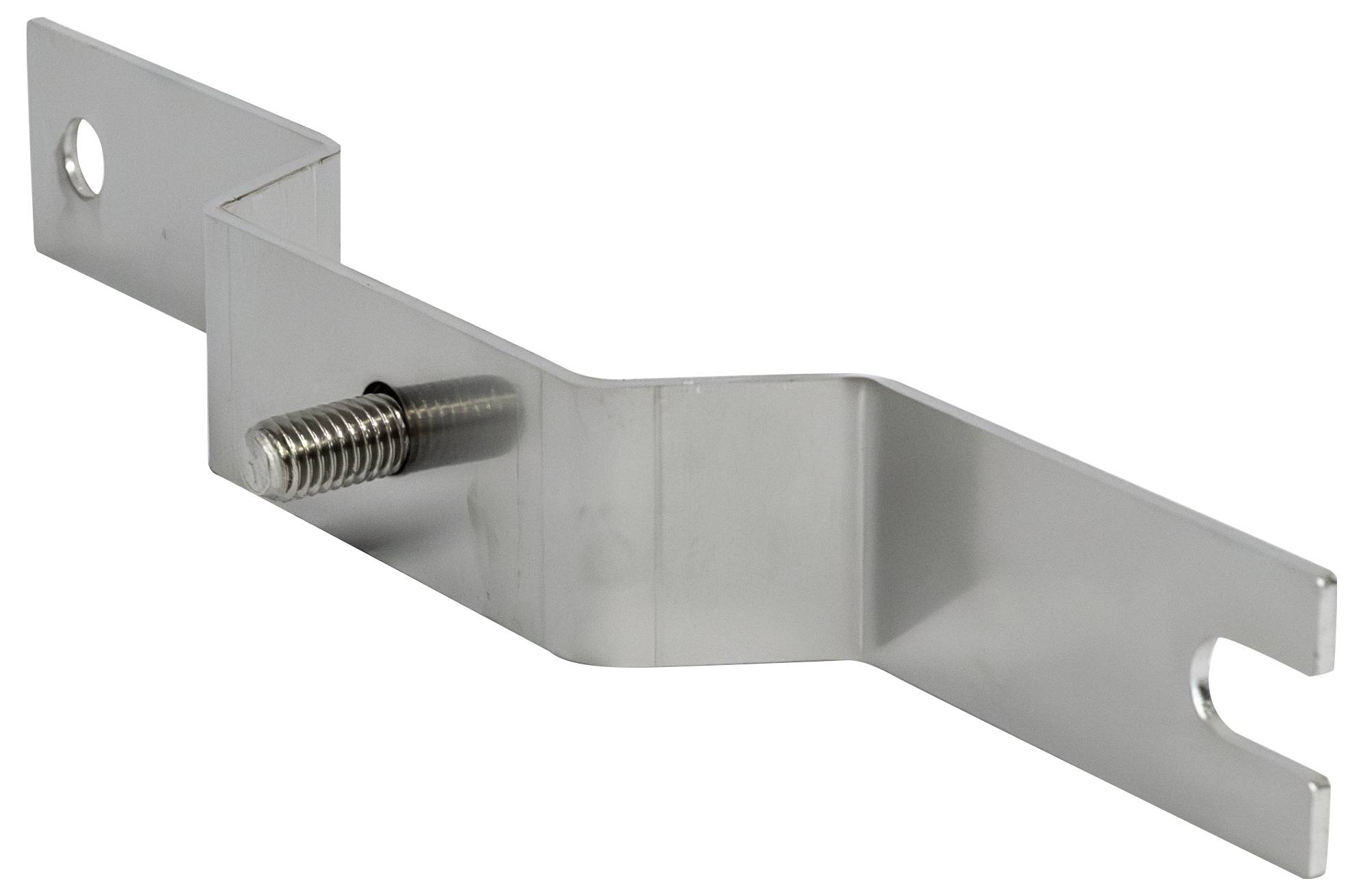 Metallwinkel mit Gewindeschraube und zwei Schlitzen, konzipiert zum Montieren oder Sichern von Objekten. Er hat eine glänzende, reflektierende Oberfläche.