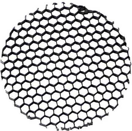 Ein kreisförmiges Netz mit sechseckigen Löchern, das einem Bienenwabenmuster ähnelt, auf weißem Hintergrund.