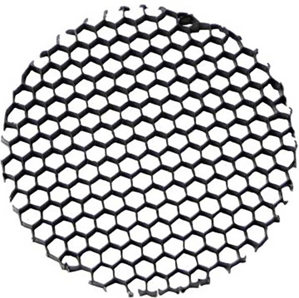 Wabenförmige gitterähnliche Struktur, ähnlich einem Maschengewebe oder Filter, mit kreisförmiger Form und hexagonalen Mustern, auf weißem Hintergrund.