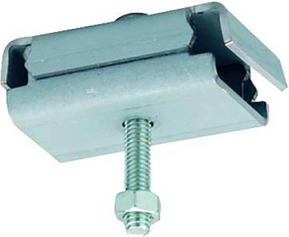 Eine Metallhalterung mit einem von unten herausragenden Bolzen ist dargestellt. Die Halterung scheint zum Sichern oder Montieren verwendet zu werden.