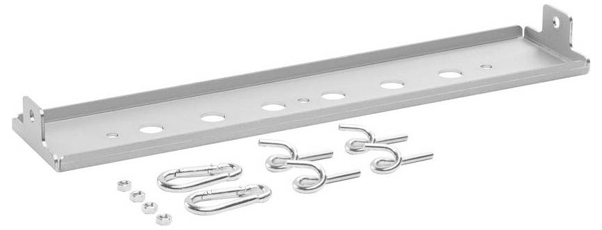 Metallisches Kabelkanal mit mehreren kreisförmigen Ausschnitten, Haken und Klammern daneben angeordnet, verwendet zum Organisieren und Stützen von Kabeln.