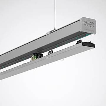 Eine silberne lineare LED-Leuchte mit zwei runden Leuchten, die von der Decke hängend aufgehängt ist und für moderne Innenraumbeleuchtung verwendet wird.