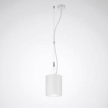 Eine moderne weiße Pendelleuchte mit einem zylindrischen Schirm hängt von der Decke gegen einen schlichten Hintergrund.