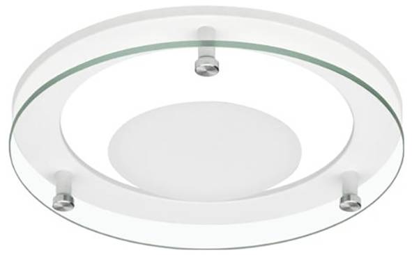 Eine runde, moderne Deckenleuchte mit mattiertem Glaskörper und metallischen Befestigungselementen, konzipiert für minimalistische Inneneinrichtung.