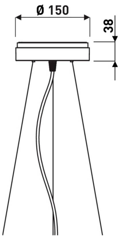 Technische Zeichnung einer Pendelleuchte, die Draufsicht und Seitenansicht mit Abmessungen Ø150 mm und 38 mm sowie Aufhängseilänge zeigt.