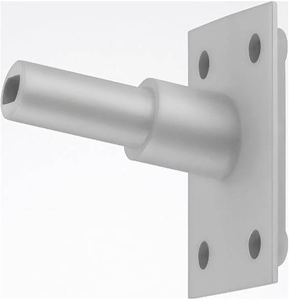 Ein zylindrischer Metallstab ragt aus einer rechteckigen Metallplatte mit abgerundeten Kanten und vier Schraubenlöchern an den Ecken hervor.