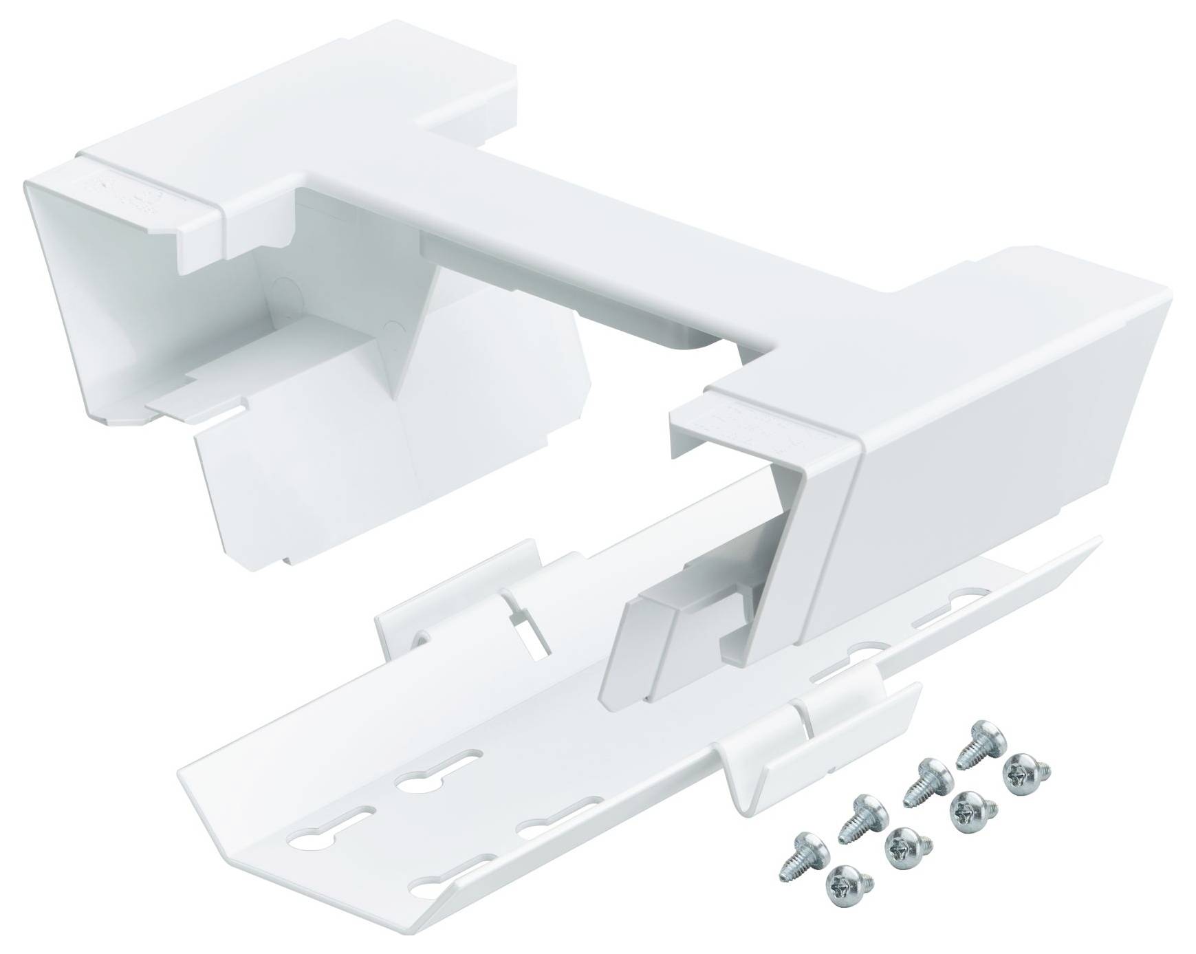 Weiße Kunststoff-Wandhalterung zum Befestigen und Verbergen von Kabeln, inkl. Schrauben für die Installation.