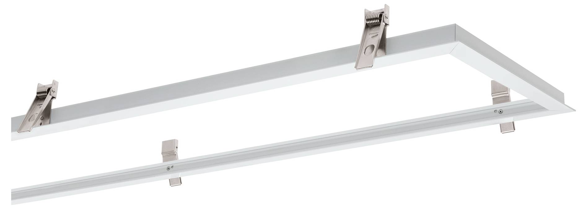 Ein rechteckiges Deckenleuchten-Befestigungselement mit Befestigungsclips, das ein minimalistisches, modernes Design aufweist.