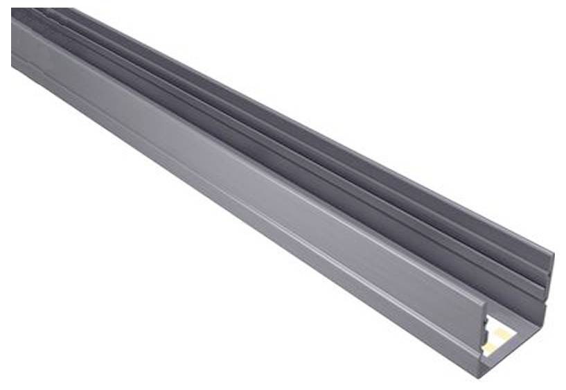 Ein langes, graues, rechteckiges LED-Gehäuse mit Rillen, das zur Aufnahme von Leuchtstreifen konzipiert ist, aus einem diagonalen Blickwinkel betrachtet.