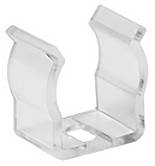 Durchsichtige Kunststoffklammer mit U-förmigem Design, verwendet zum Halten oder Stützen von kleinen Objekten.