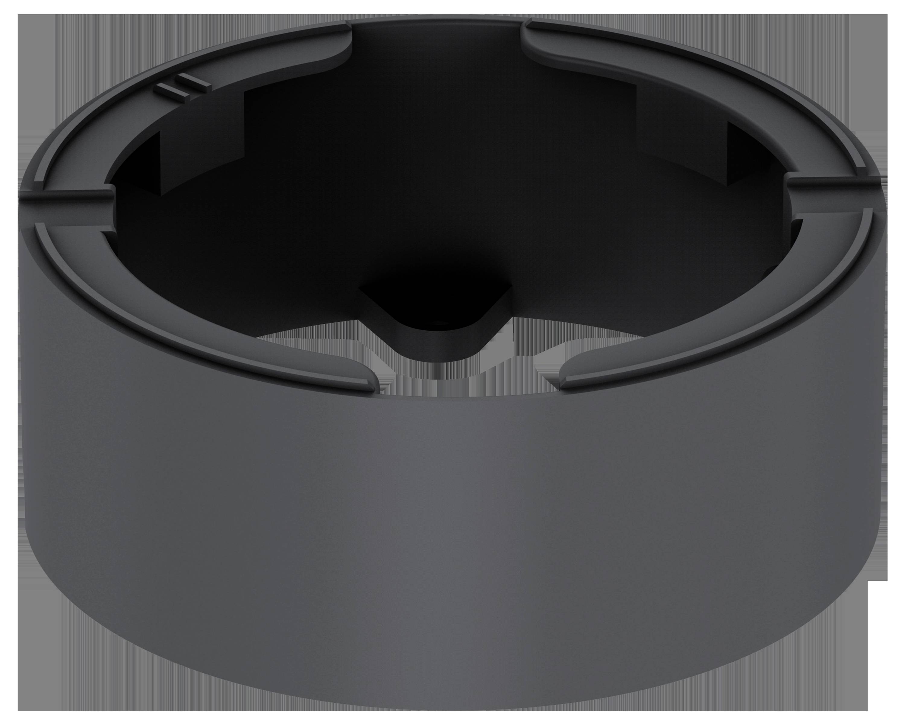 Ein kreisförmiger, schwarzer Kunststoffhalter mit mehreren Schlitzen entlang der inneren Kante, möglicherweise zur Organisierung von Kabeln oder kleinen Gegenständen verwendet.