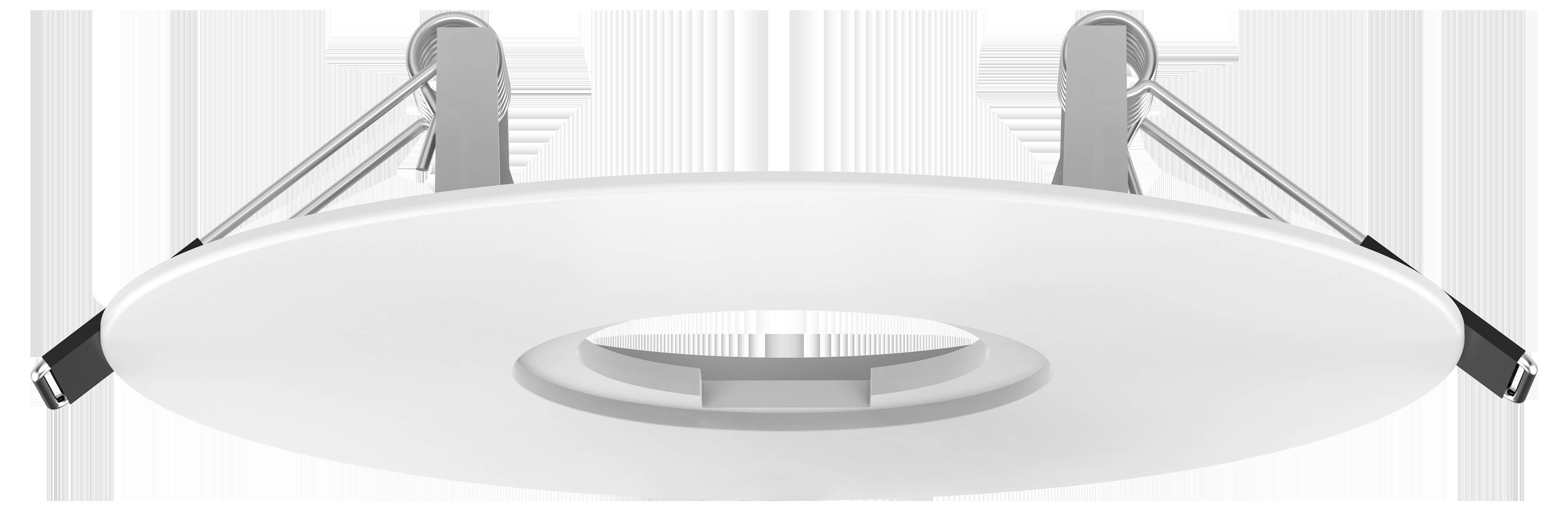 Eine runde, bündige LED-Deckenleuchte mit verstellbaren Metallclips zur Montage.