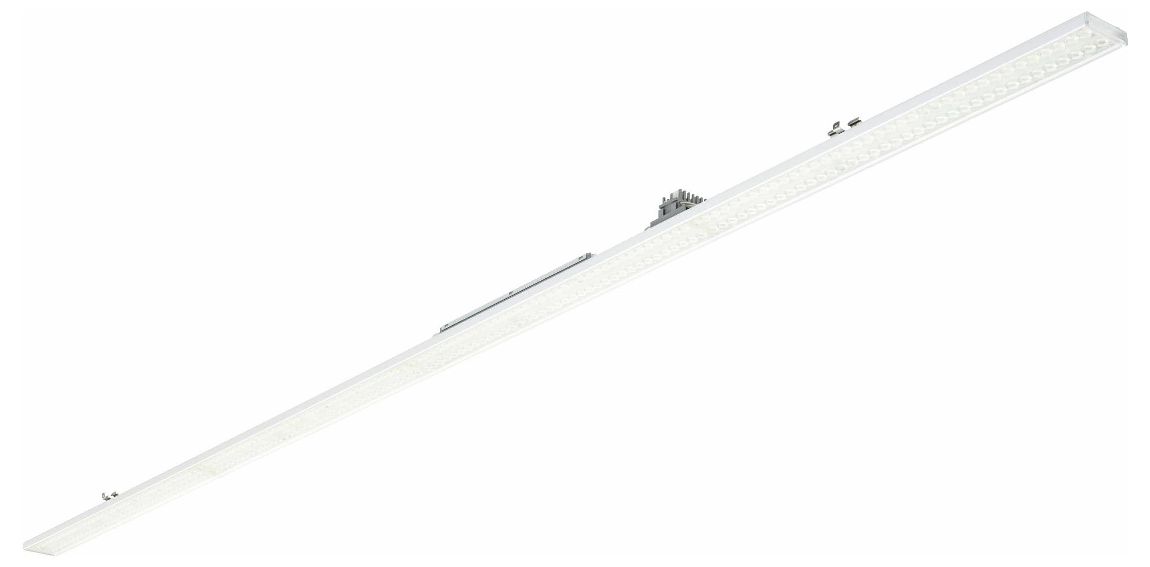 Lineare LED-Leuchte, schlankes Design, Off-White-Farbe mit sichtbaren Montageelementen und Schaltkreisbereich. Geeignet für moderne Innenräume.