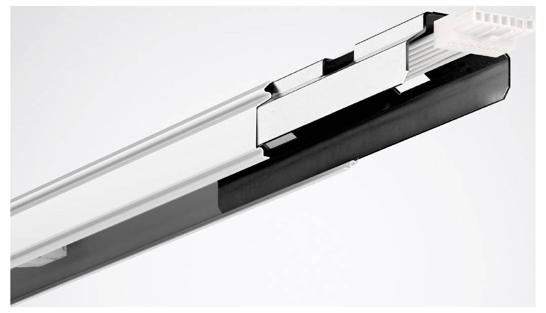 Eine Nahaufnahme einer linearen LED-Schienenleuchtatur, die ihr schlankes Design, silberne und schwarze Materialien und Verbindungskomponenten zeigt.