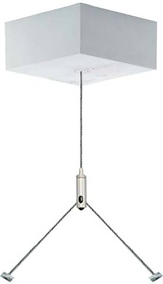 Ein verstellbares Kabelaufhängungssystem mit Deckenmontage und zwei Tragekabeln, entwickelt zum Aufhängen von Leuchten oder Ausstellungsstücken.