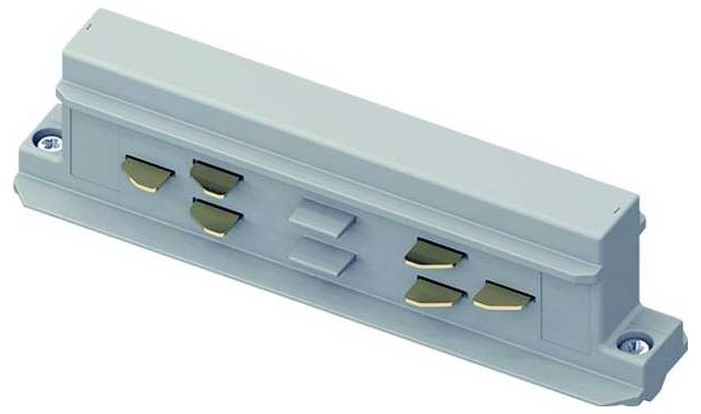 Ein grauer, rechteckiger Elektrostecker mit mehreren goldfarbenen Kontakten, montiert in einem Gehäuse.