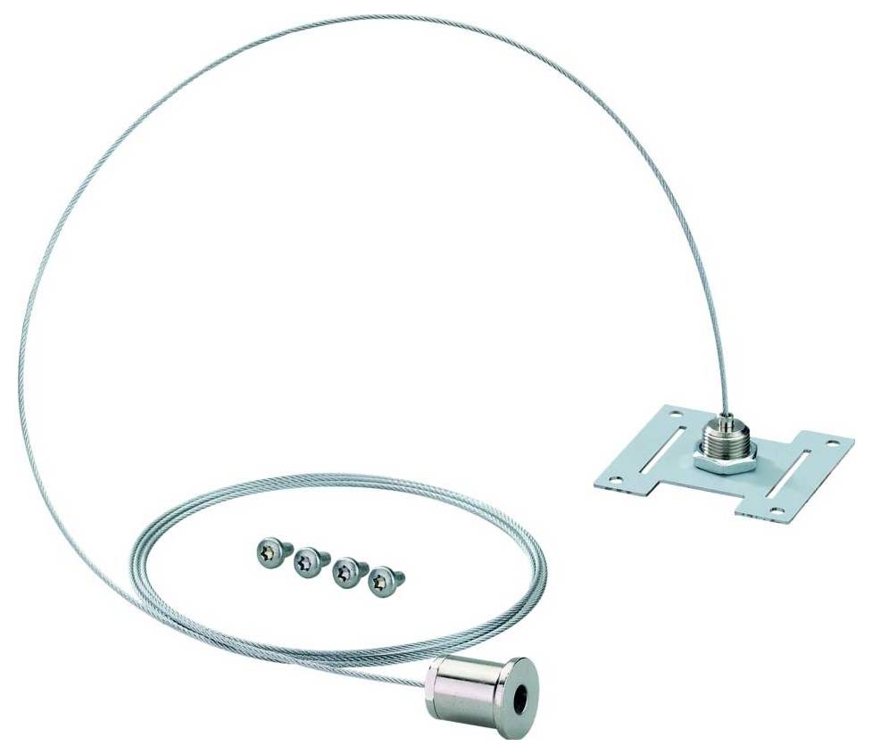 Ein Sicherheitskabelset mit einer Schleifenkabel, Montageplatte, Verriegelungsmechanismus und Schrauben zur Sicherung von Geräten oder Ausrüstungen.