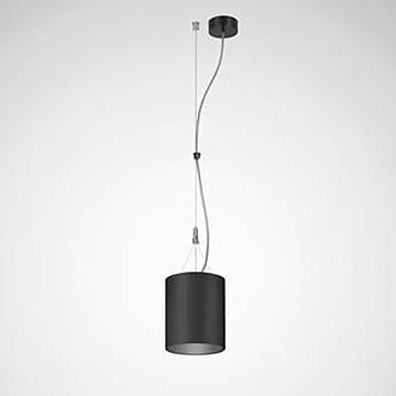 Eine moderne schwarze Pendelleuchte mit zylindrischem Schirm hängt von der Decke vor einem einfachen Hintergrund.