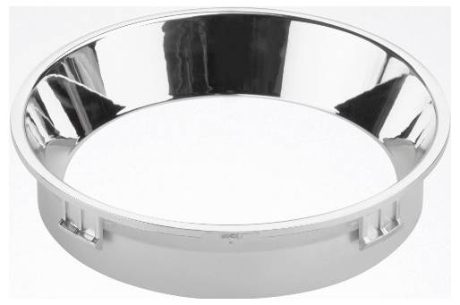Glänzender metallischer Ring mit reflektierender Oberfläche und vier Befestigungsklammern an der Seite.