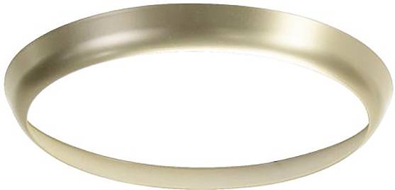 Ein dünnes, kreisförmiges Goldband, das einem Ring ähnelt, von einem leicht schrägen Winkel gegen einen weißen Hintergrund betrachtet, ohne weitere Kontexte.