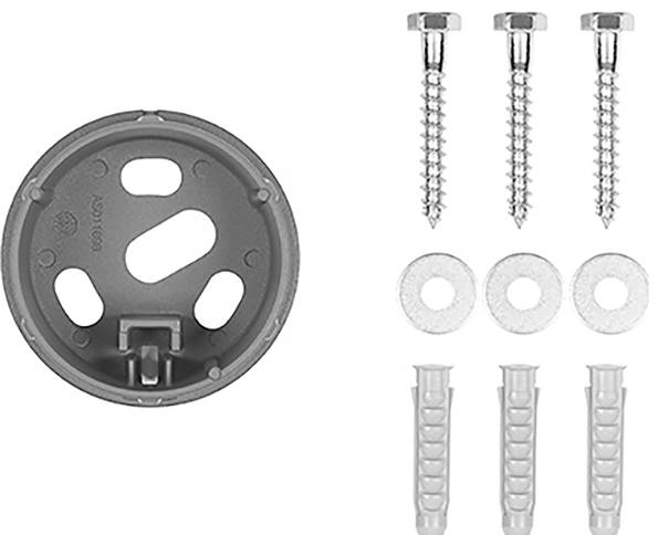 Ein rundes Kunststoff-Montagekästchen ist auf der linken Seite dargestellt, mit drei Schrauben, drei Unterlegscheiben und drei Kunststoff-Wanddübeln, die auf der rechten Seite angeordnet sind.