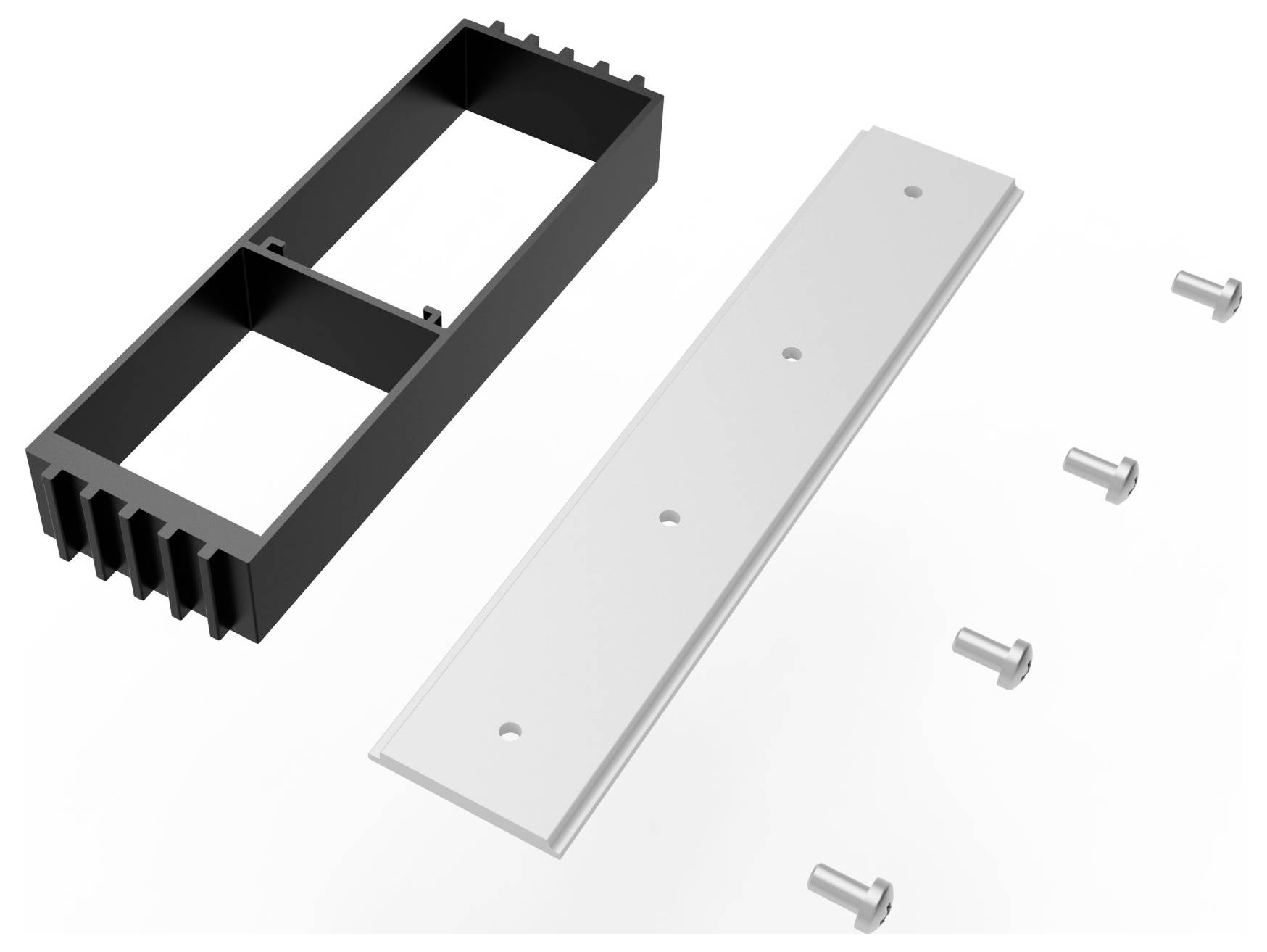 Teile einer Metallklammeranordnung, bestehend aus einem schwarzen Rahmen, einer flachen weißen Platte mit Löchern und vier Schrauben.
