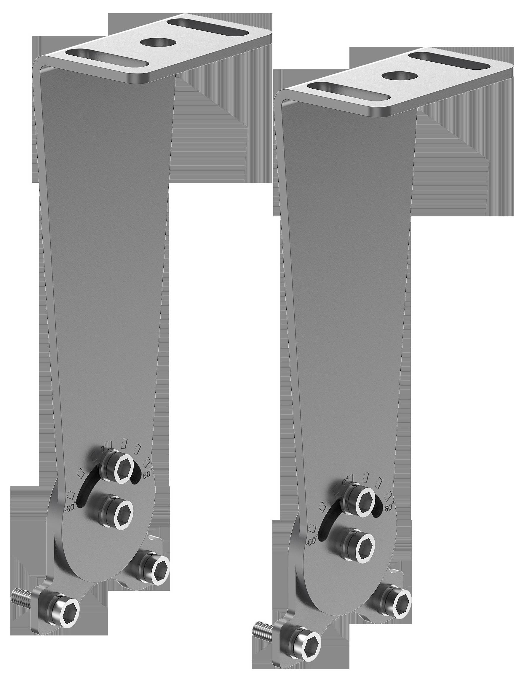 Zwei Metallhalterungen mit Schlitzen und mehreren Schrauben zur Montage. Jede Halterung hat ein gekrümmtes Design und präzisionsgefräste Merkmale zur Ausrichtung.