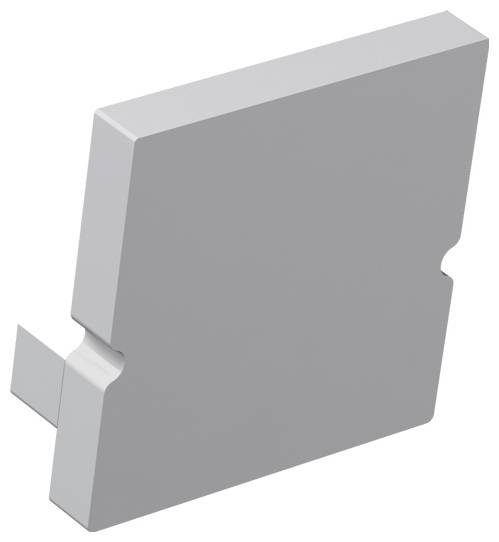 Eine graue Kunststoffendklemme zum Befestigen von Geräten auf DIN-Schienen in elektrischen Schränken mit einfachem, kompaktem Design.